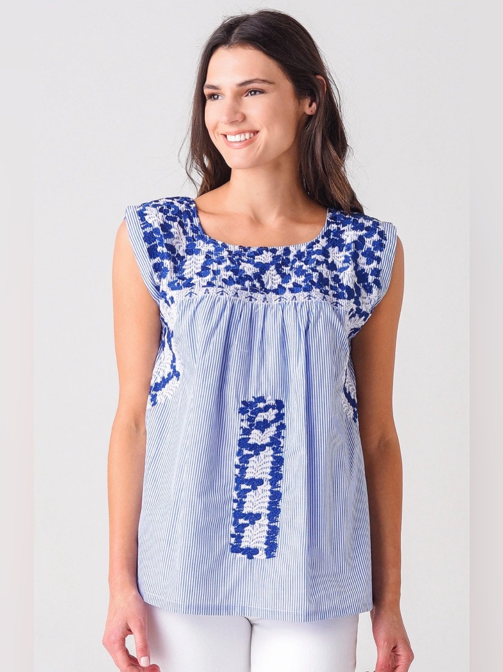 J. Marie Blue & White Stripe Embroidered Adeline XS Tank Top